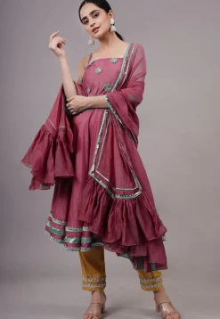 Embroidered Chanderi Silk Aline Suit in Wine