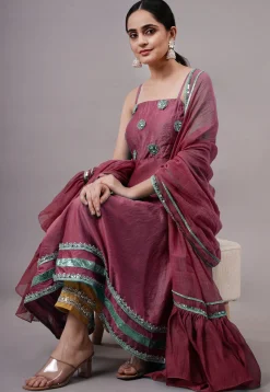 Embroidered Chanderi Silk Aline Suit in Wine