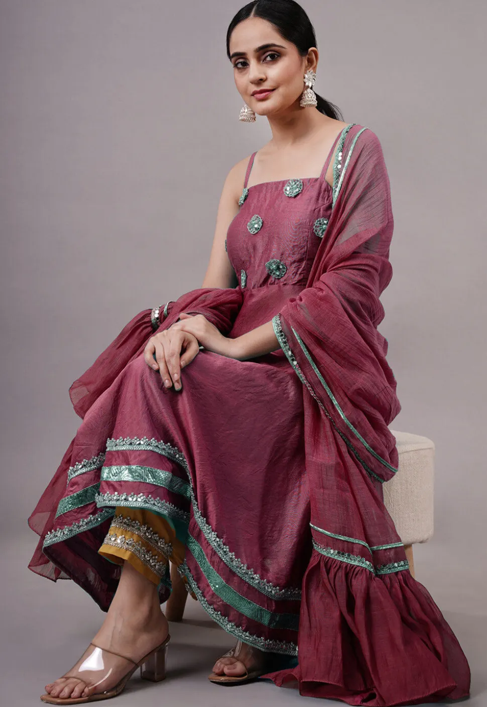 Embroidered Chanderi Silk Aline Suit in Wine