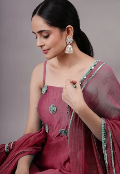 Embroidered Chanderi Silk Aline Suit in Wine