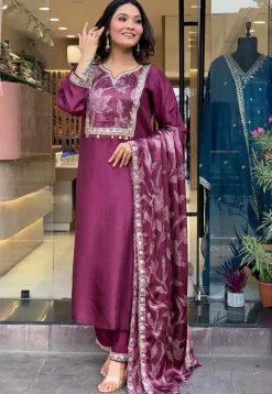 Embroidered Chanderi Silk Pakistani Suit in Wine