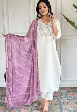 Embroidered Chanderi Silk Pakistani Suit in Off White
