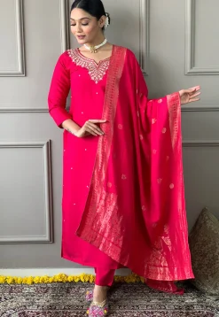 Embroidered Chanderi Silk Pakistani Suit in Pink