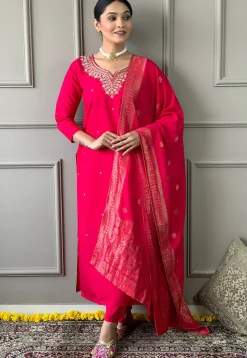 Embroidered Chanderi Silk Pakistani Suit in Pink
