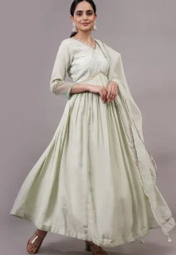 Embroidered Chanderi Silk and Art Uppada Silk Aline Suit in Sea Green