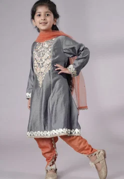 Embroidered Chanderi Silk Punjabi Suit in Grey
