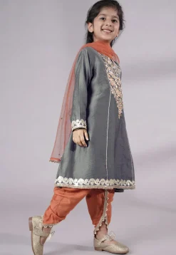 Embroidered Chanderi Silk Punjabi Suit in Grey