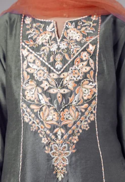 Embroidered Chanderi Silk Punjabi Suit in Grey