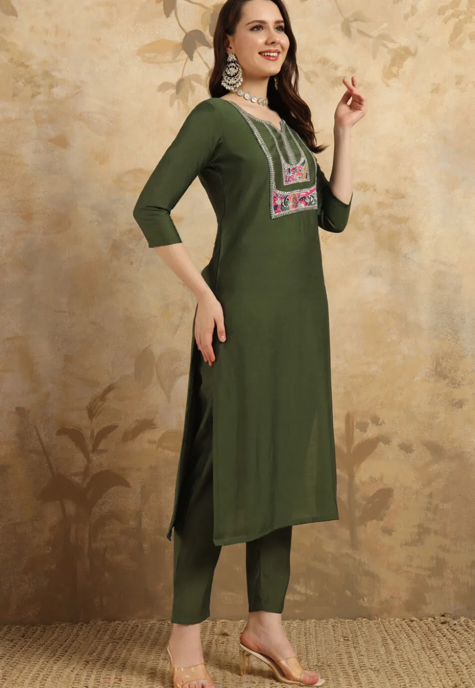Embroidered Chanderi Silk Pakistani Suit in Dark Olive Green