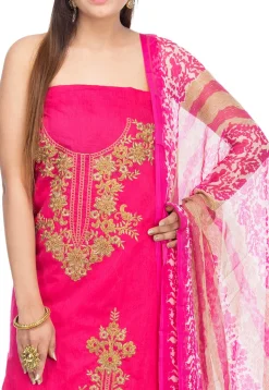 Embroidered Chanderi Silk Straight Suit in Fuchsia