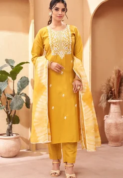 Embroidered Chanderi Silk Pakistani Suit in Yellow