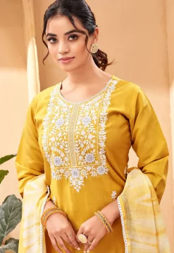 Embroidered Chanderi Silk Pakistani Suit in Yellow
