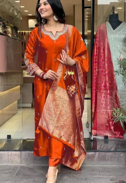 Embroidered Chanderi Silk Pakistani Suit in Orange