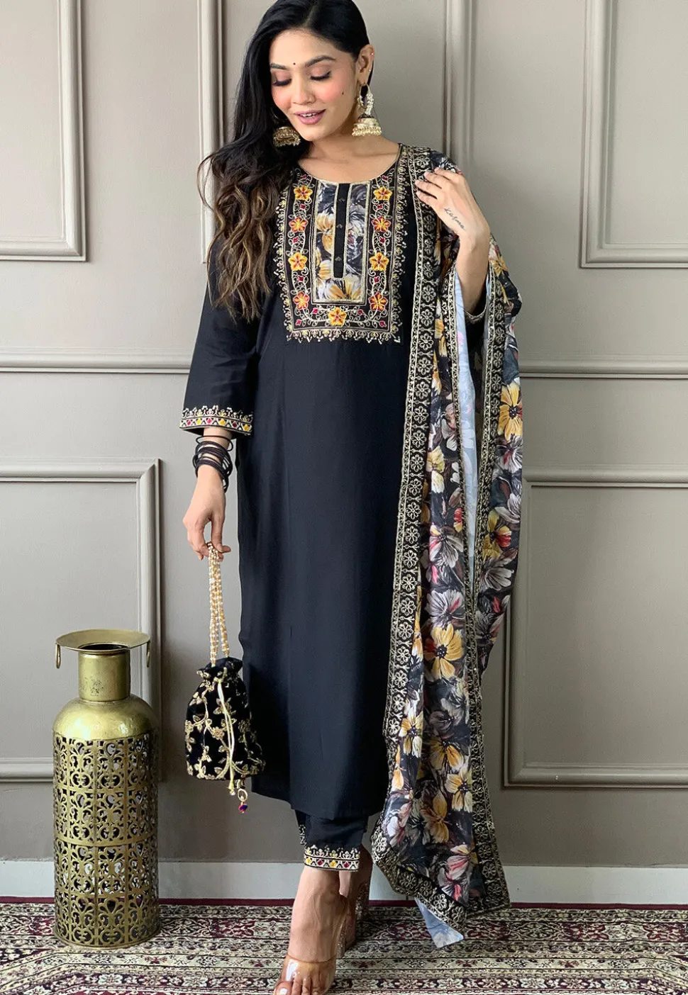 Embroidered Chanderi Silk Pakistani Suit in Black