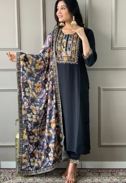 Embroidered Chanderi Silk Pakistani Suit in Black