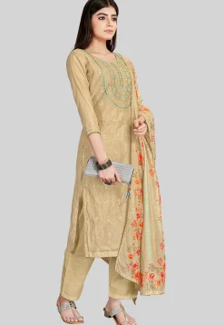 Embroidered Chanderi Silk Pakistani Suit in Beige