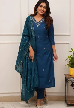 Embroidered Chanderi Silk Pakistani Suit in Teal Blue