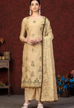 Embroidered Chanderi Silk Pakistani Suit in Beige