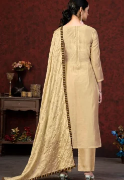Embroidered Chanderi Silk Pakistani Suit in Beige