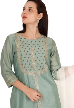 Embroidered Chanderi Silk Pakistani Suit in Dusty Green