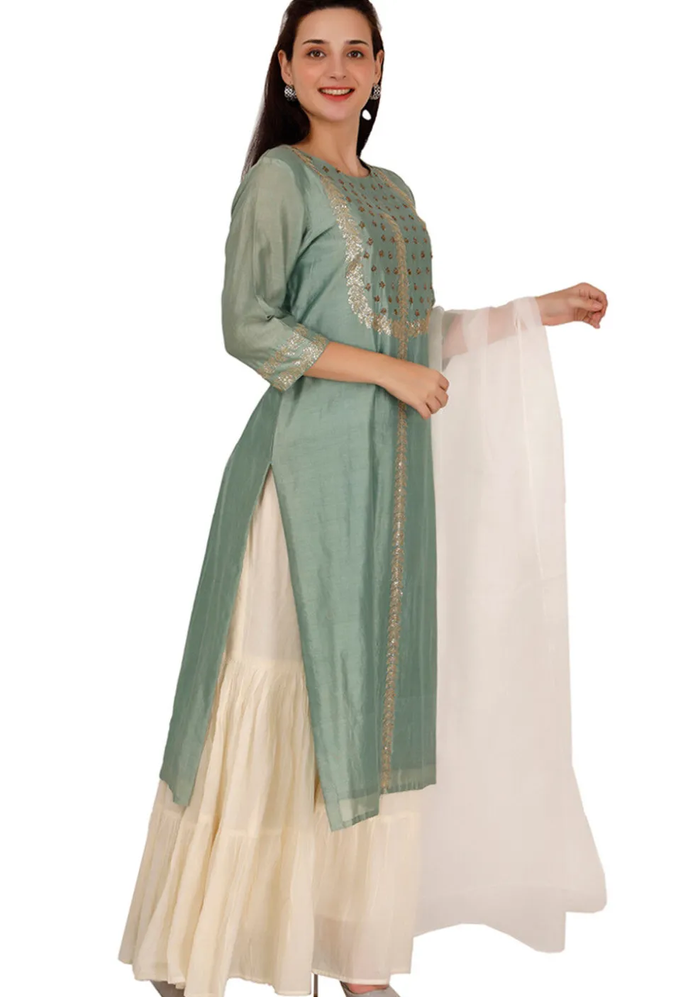 Embroidered Chanderi Silk Pakistani Suit in Dusty Green