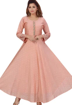 Embroidered Chanderi Silk Jacquard Long Kurta in Peach