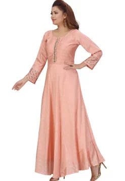 Embroidered Chanderi Silk Jacquard Long Kurta in Peach