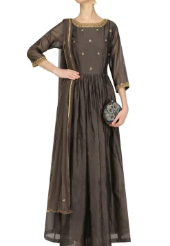 Embroidered Chanderi Silk Abaya Style Suit in Dark Grey