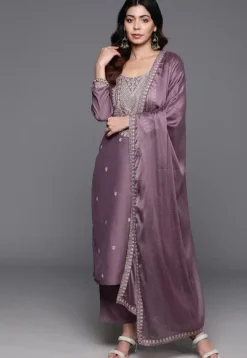 Embroidered Chanderi Silk Pakistani Suit in Dusty Purple