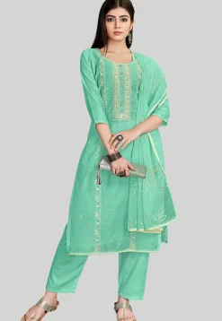 Embroidered Chanderi Silk Pakistani Suit in Teal Green
