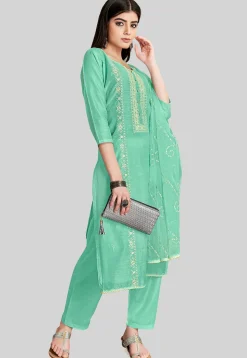 Embroidered Chanderi Silk Pakistani Suit in Teal Green