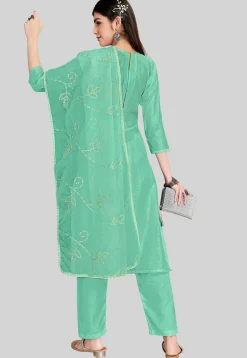 Embroidered Chanderi Silk Pakistani Suit in Teal Green