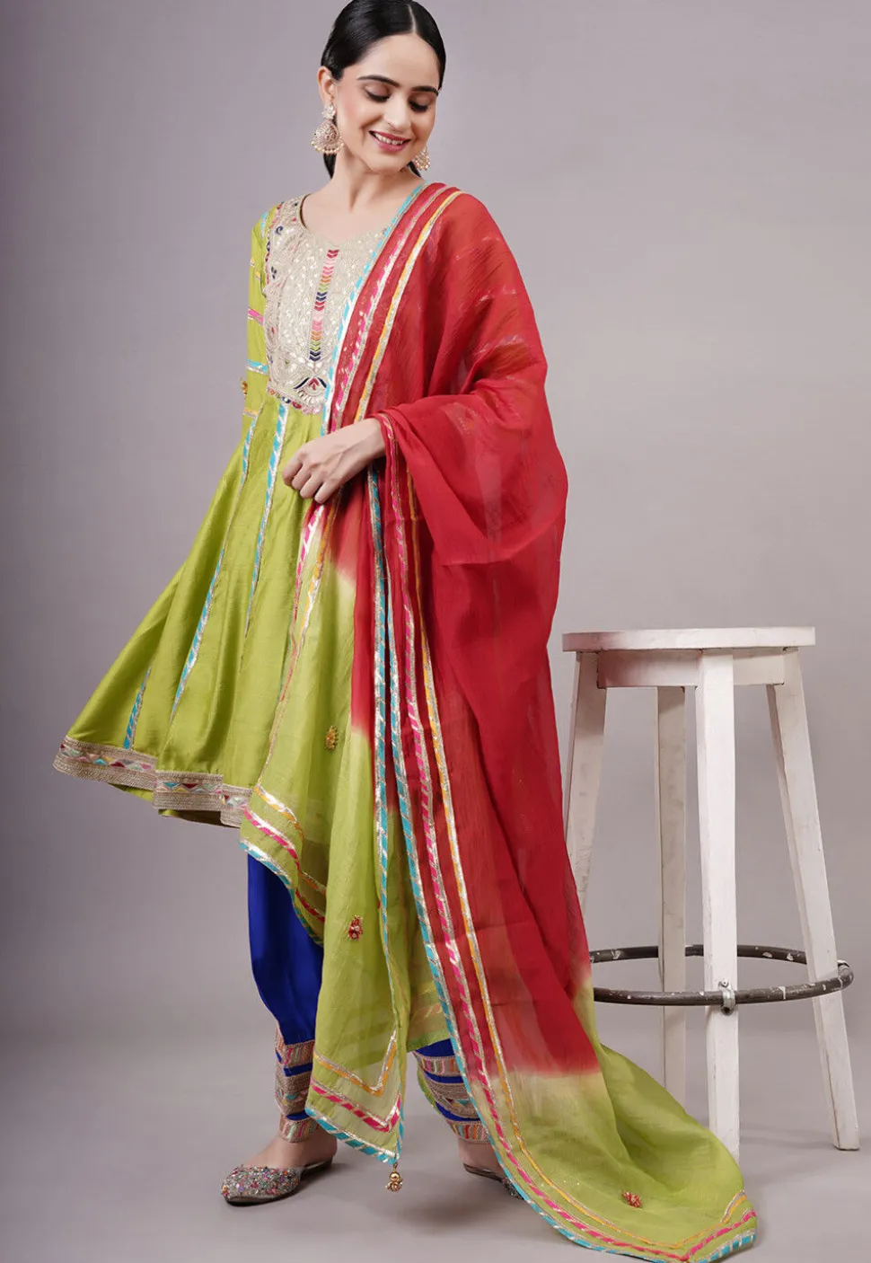 Embroidered Chanderi Silk Anarkali Suit in Olive green