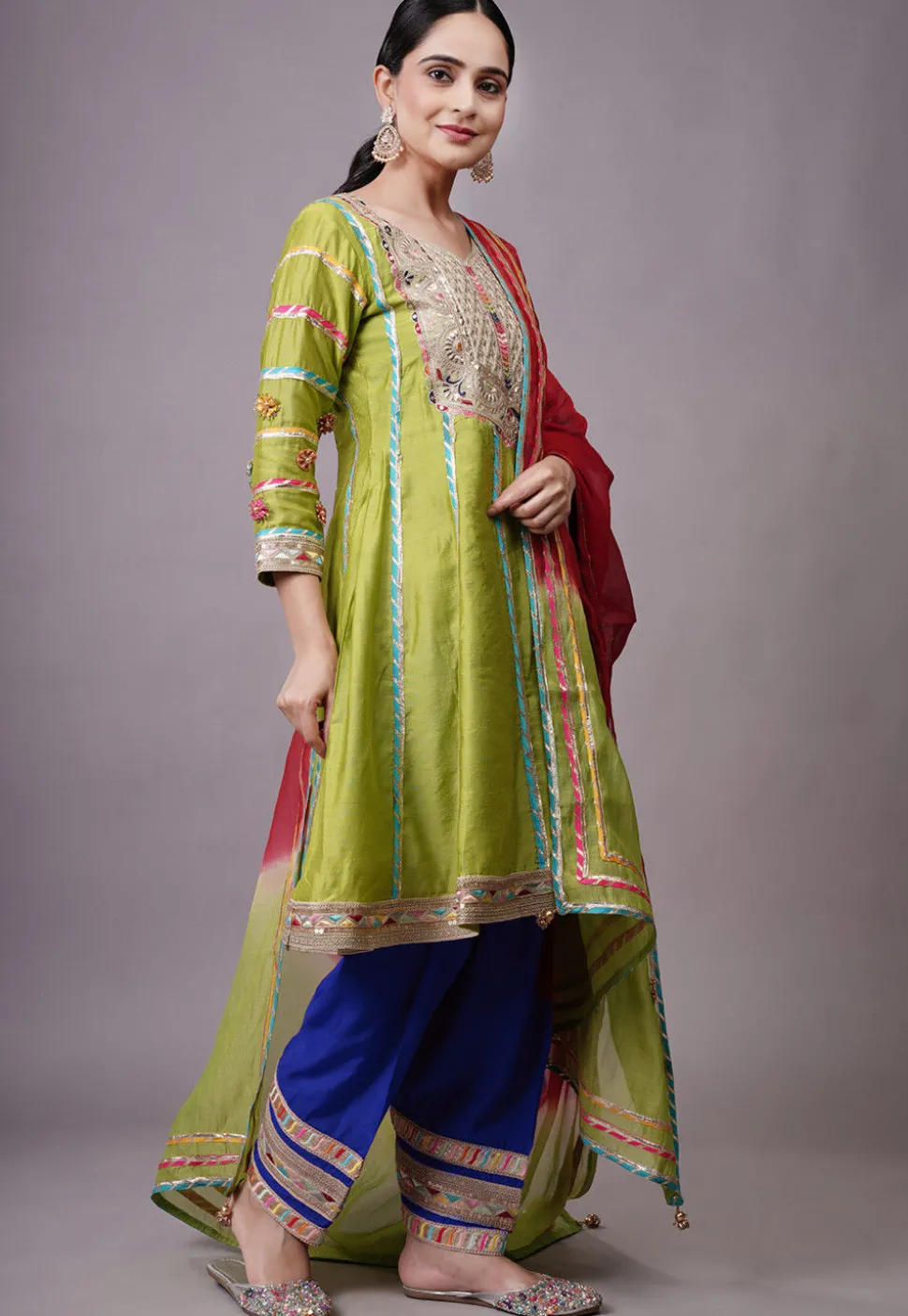 Embroidered Chanderi Silk Anarkali Suit in Olive green