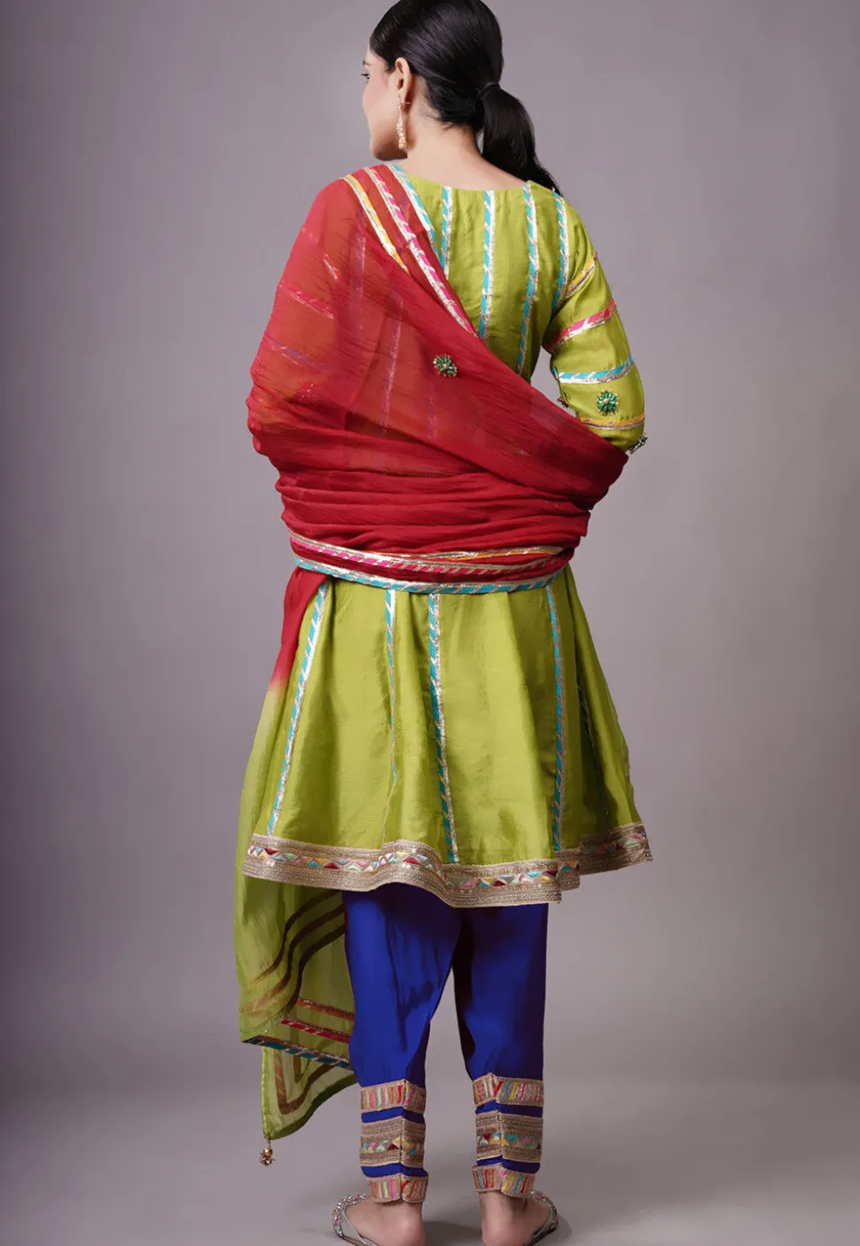 Embroidered Chanderi Silk Anarkali Suit in Olive green