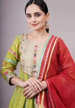 Embroidered Chanderi Silk Anarkali Suit in Olive green