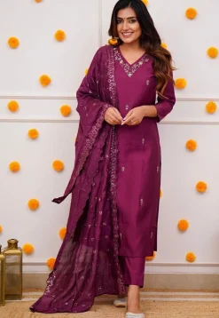 Embroidered Chanderi Silk Pakistani Suit in Purple