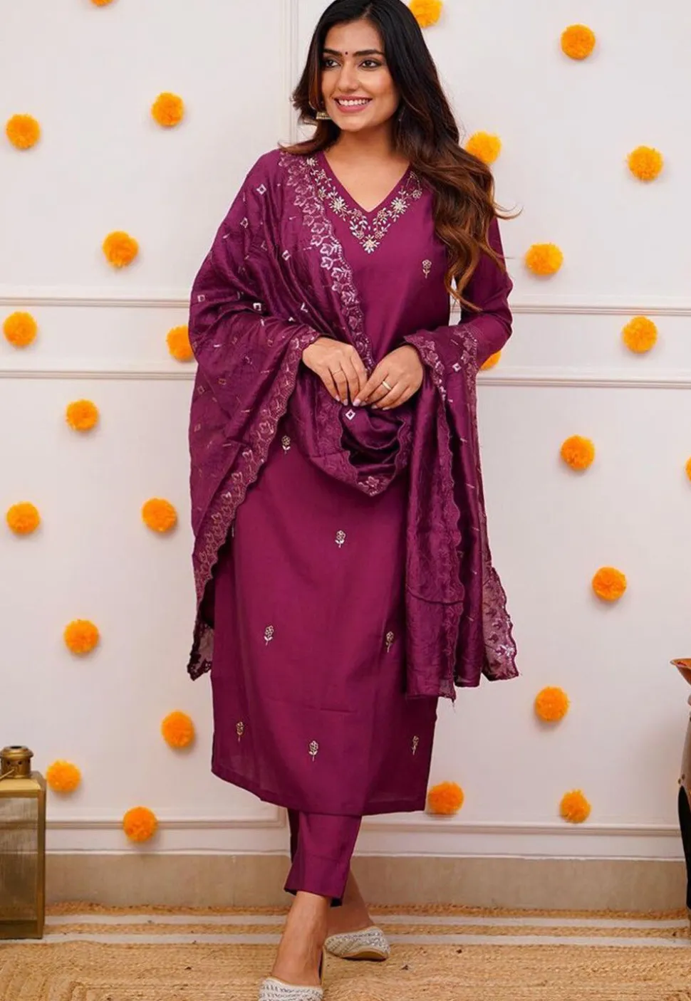 Embroidered Chanderi Silk Pakistani Suit in Purple