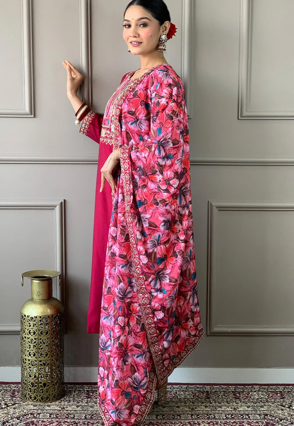 Embroidered Chanderi Silk Pakistani Suit in Pink