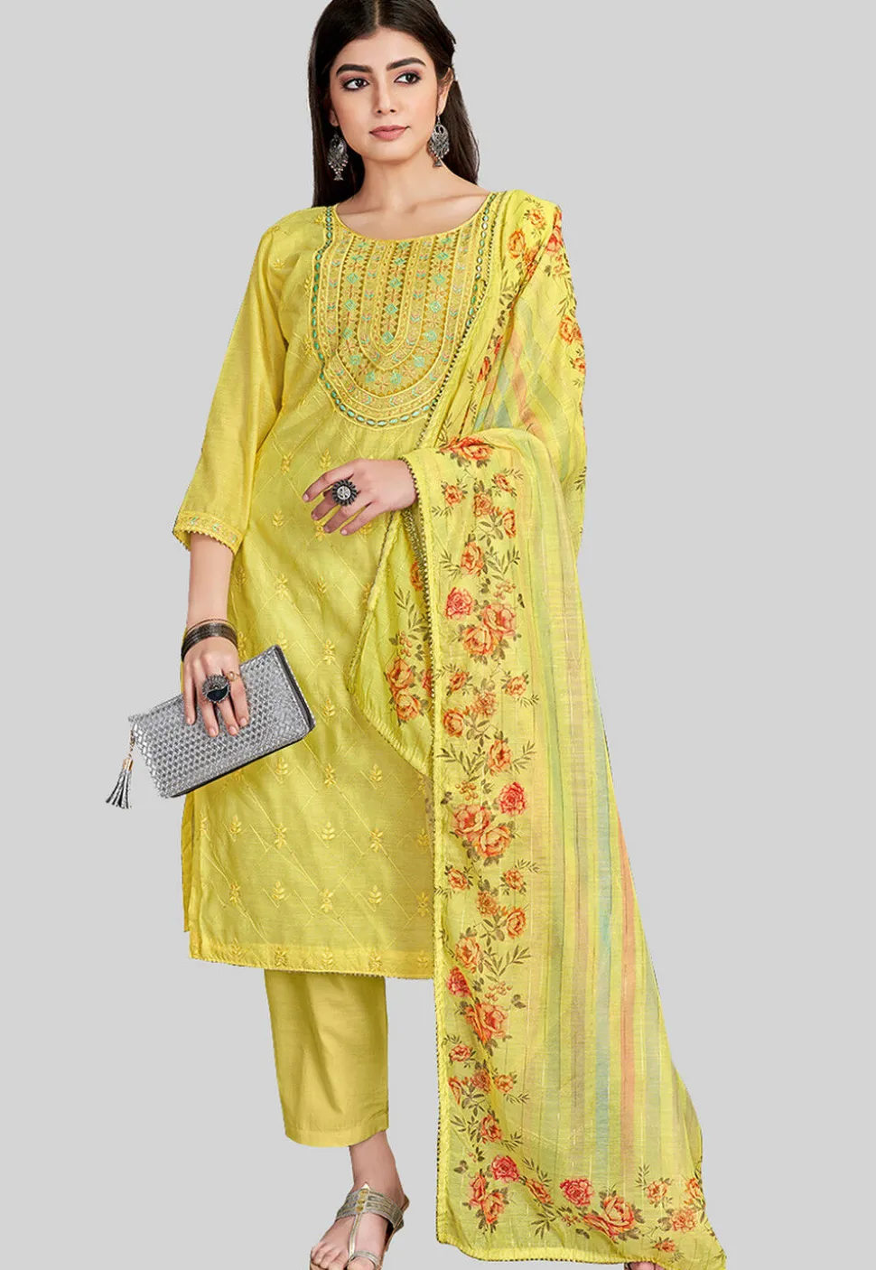 Embroidered Chanderi Silk Pakistani Suit in Yellow