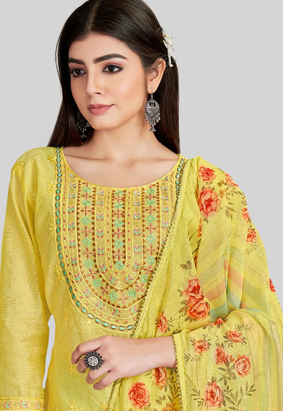 Embroidered Chanderi Silk Pakistani Suit in Yellow