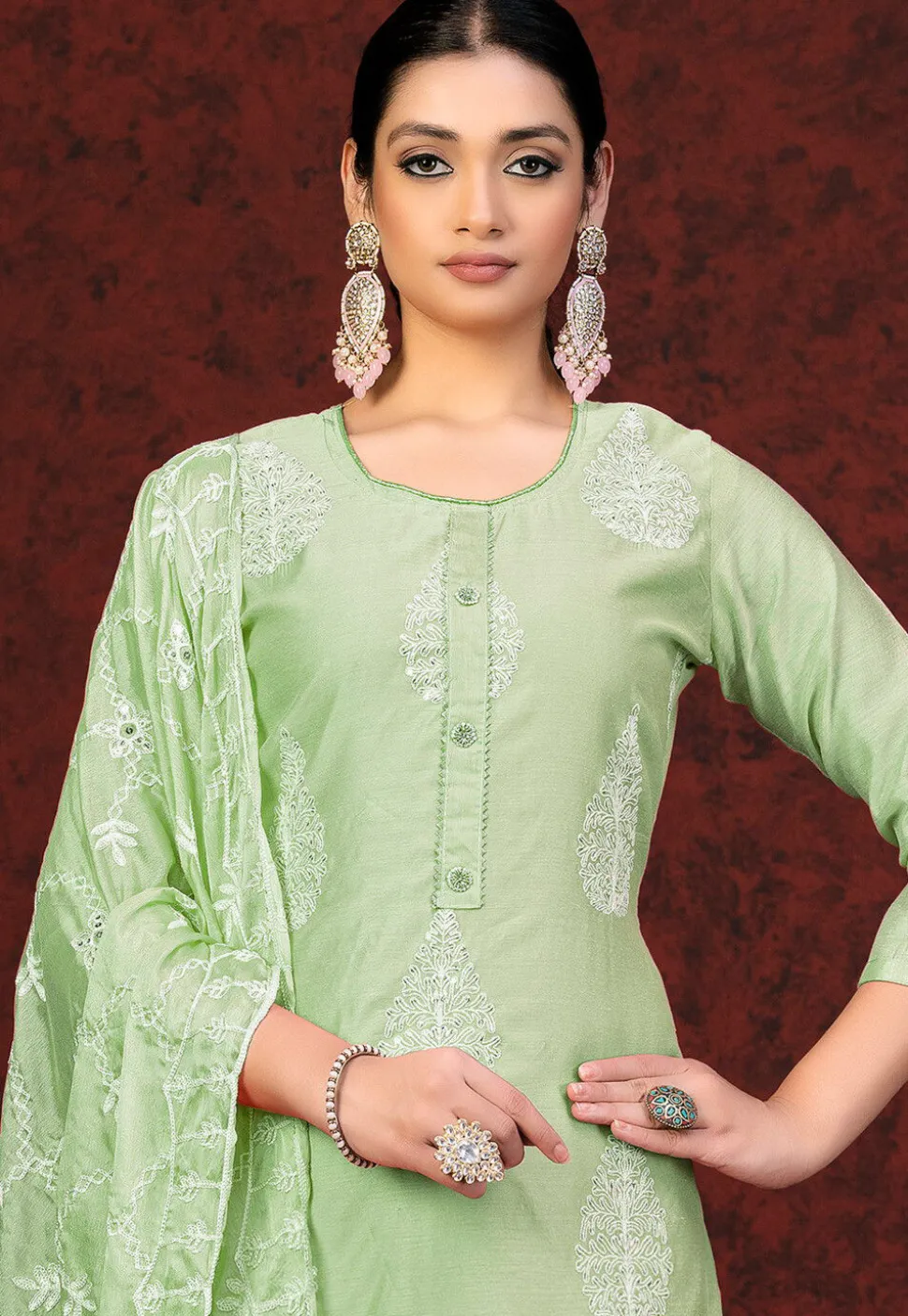 Embroidered Chanderi Silk Straight Suit in Pastel Green