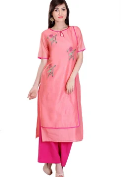 Embroidered Chanderi Silk Long Kurta in Peach