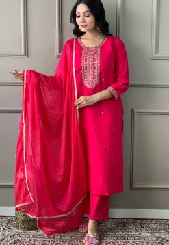 Embroidered Chanderi Silk Pakistani Suit in Pink