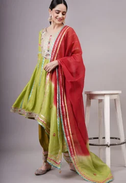 Embroidered Chanderi Silk Anarkali Suit in Olive green