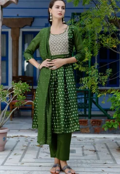Embroidered Chanderi Silk A Line Suit in Olive Green
