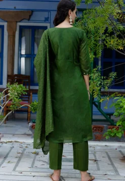 Embroidered Chanderi Silk A Line Suit in Olive Green