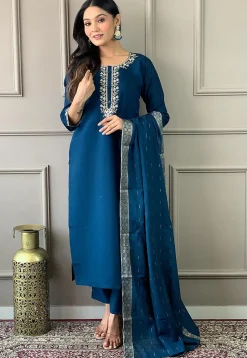 Embroidered Chanderi Silk Pakistani Suit in Blue