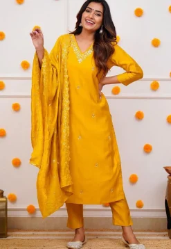 Embroidered Chanderi Silk Pakistani Suit in Mustard