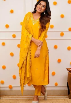 Embroidered Chanderi Silk Pakistani Suit in Mustard